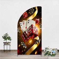 Lofaris Glamorous Casino Game Night Half Moon Arch Backdrop featuring Playing Cards Dice and Golden Chips