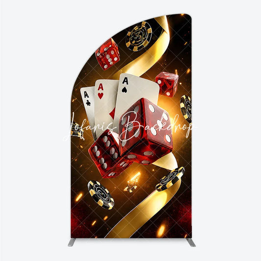 Lofaris Glamorous Casino Game Night Half Moon Arch Backdrop featuring Playing Cards Dice and Golden Chips