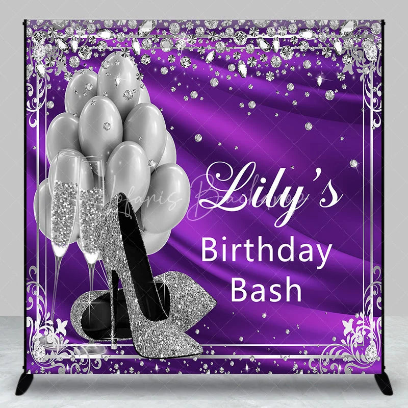 Lofaris Glamorous Purple and Silver Glitter Custom Backdrop featuring High Heels Balloons Champagne for Birthday Bash