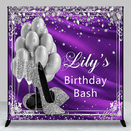 Lofaris Glamorous Purple and Silver Glitter Custom Backdrop featuring High Heels Balloons Champagne for Birthday Bash