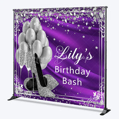 Lofaris Glamorous Purple and Silver Glitter Custom Backdrop featuring High Heels Balloons Champagne for Birthday Bash