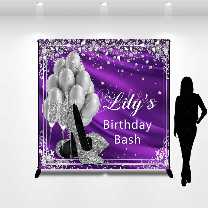 Lofaris Glamorous Purple and Silver Glitter Custom Backdrop featuring High Heels Balloons Champagne for Birthday Bash