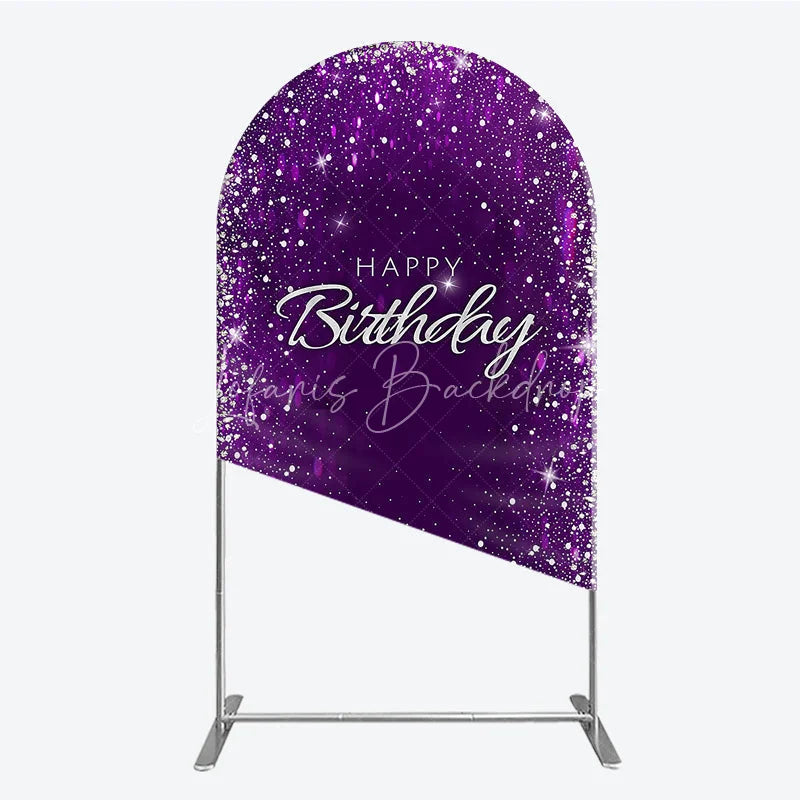 Lofaris Glamorous Purple and Silver Glitter Happy Birthday Round Top Arch Backdrop Elegant Celebration Party Decor
