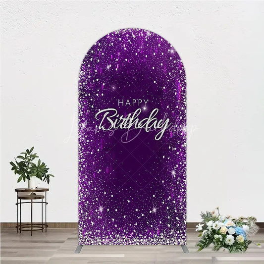 Lofaris Glamorous Purple and Silver Glitter Happy Birthday Round Top Arch Backdrop Elegant Celebration Party Decor