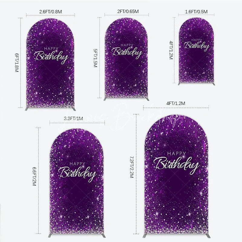 Lofaris Glamorous Purple and Silver Glitter Happy Birthday Round Top Arch Backdrop Elegant Celebration Party Decor