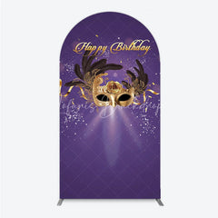 Lofaris Glamorous Purple Happy Birthday Arch Backdrop with Gold Masquerade Mask Elegant Feather Party Decor