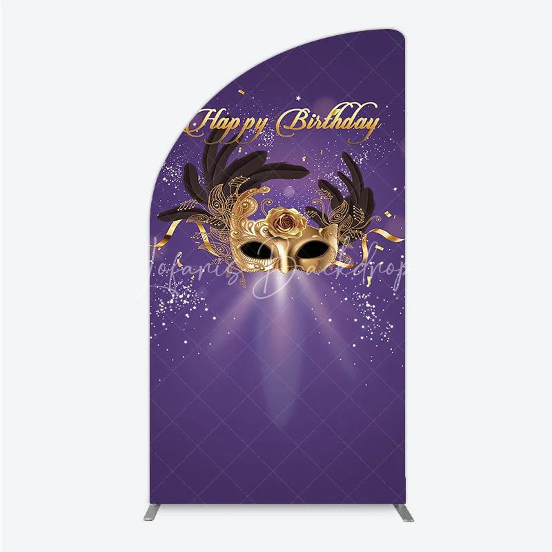 Lofaris Glamorous Purple Happy Birthday Half Moon Arch Backdrop with Gold Masquerade Mask Elegant Feather Party Decor