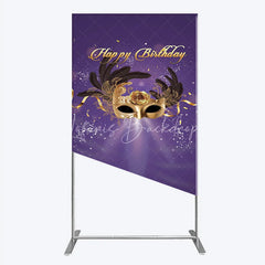 Lofaris Glamorous Purple Happy Birthday Rectangle Backdrop with Gold Masquerade Mask Elegant Feather Party Decor
