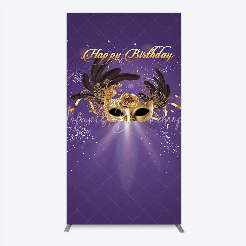 Lofaris Glamorous Purple Happy Birthday Rectangle Backdrop with Gold Masquerade Mask Elegant Feather Party Decor