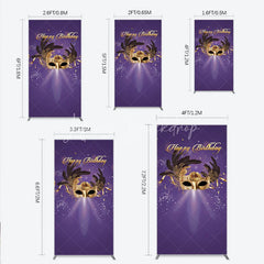 Lofaris Glamorous Purple Happy Birthday Rectangle Backdrop with Gold Masquerade Mask Elegant Feather Party Decor