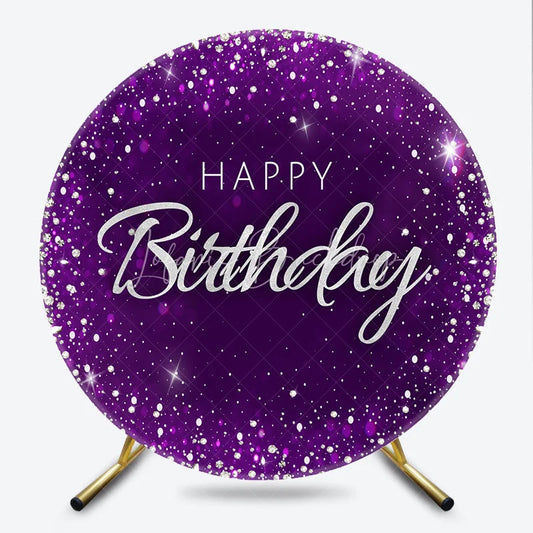 Lofaris Glamorous Purple Silver Glitter Diamond Happy Birthday Round Backdrop Elegant Celebration Party Decor