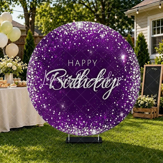 Lofaris Glamorous Purple Silver Glitter Diamond Happy Birthday Round Backdrop Elegant Celebration Party Decor