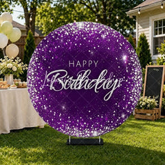Lofaris Glamorous Purple Silver Glitter Diamond Happy Birthday Round Backdrop Elegant Celebration Party Decor