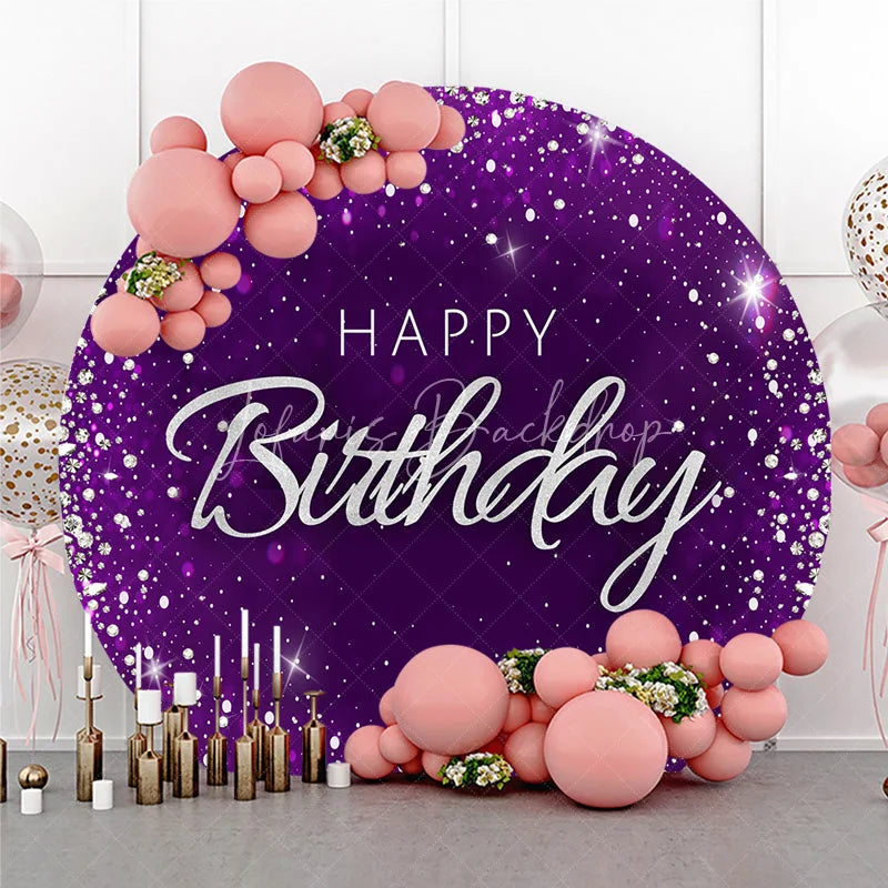 Lofaris Glamorous Purple Silver Glitter Diamond Happy Birthday Round Backdrop Elegant Celebration Party Decor