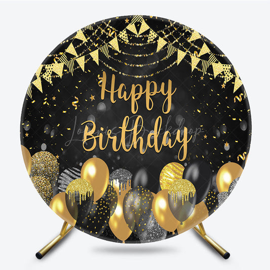Lofaris Glitter Balloon Flags Round Happy Birthday Backdrop