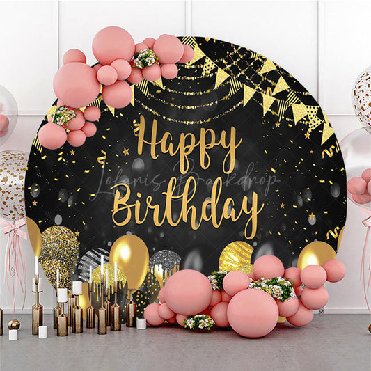 Lofaris Glitter Balloon Flags Round Happy Birthday Backdrop