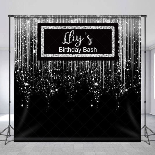 Lofaris Glitter Black Silver Custom Name Birthday Backdrop