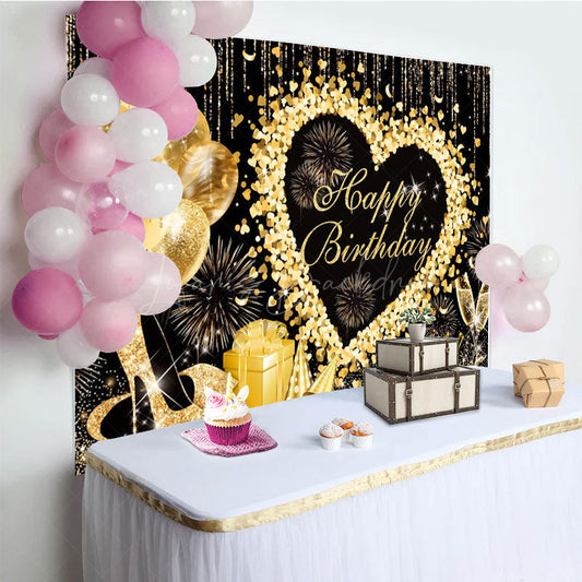 Lofaris Glitter Heart Balloon Sweet Happy Birthday Backdrop