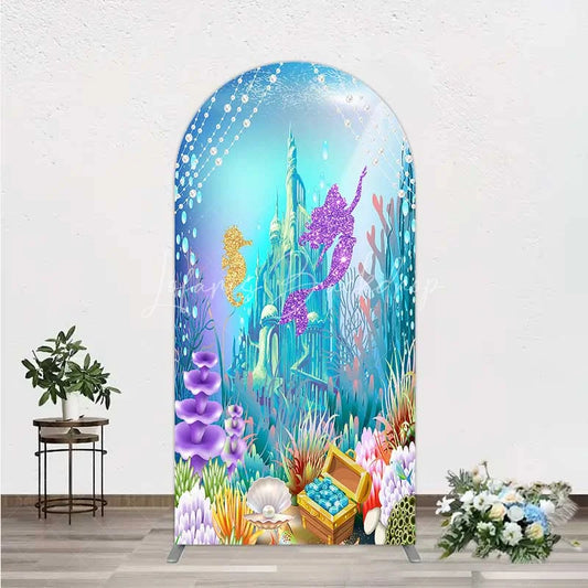 Lofaris Glitter Mermaid and Underwater Castle Arch Backdrop Sea Shells Treasure Party Decoration