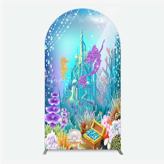 Lofaris Glitter Mermaid and Underwater Castle Arch Backdrop Sea Shells Treasure Party Decoration