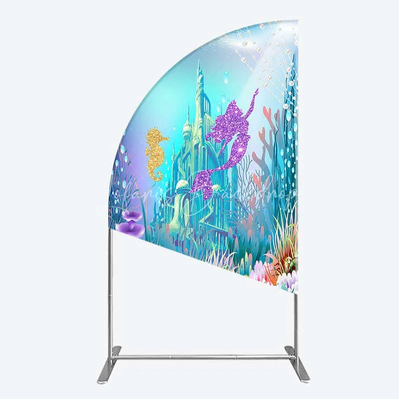 Lofaris Glitter Mermaid and Underwater Castle Half Moon Arch Backdrop Sea Shells Treasure Party Decoration