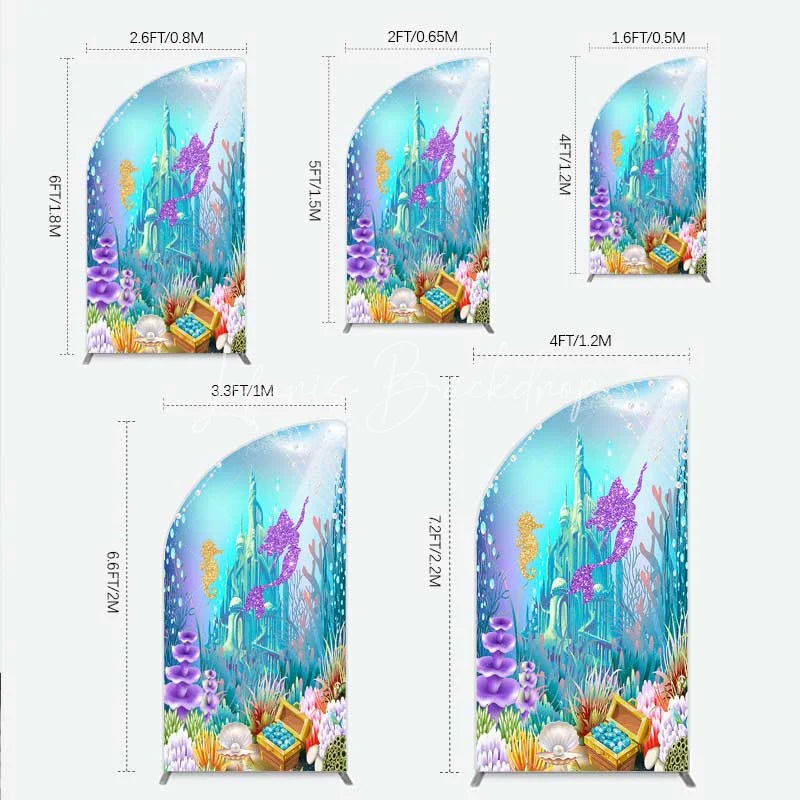 Lofaris Glitter Mermaid and Underwater Castle Half Moon Arch Backdrop Sea Shells Treasure Party Decoration