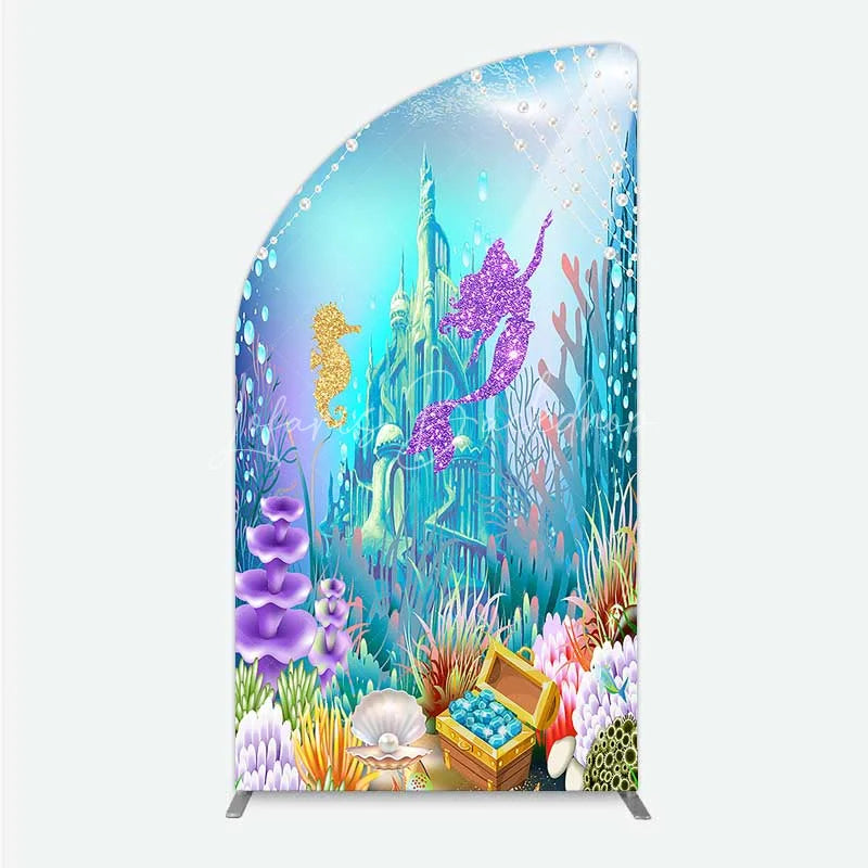 Lofaris Glitter Mermaid and Underwater Castle Half Moon Arch Backdrop Sea Shells Treasure Party Decoration