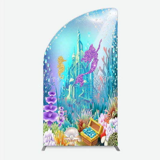 Lofaris Glitter Mermaid and Underwater Castle Half Moon Arch Backdrop Sea Shells Treasure Party Decoration