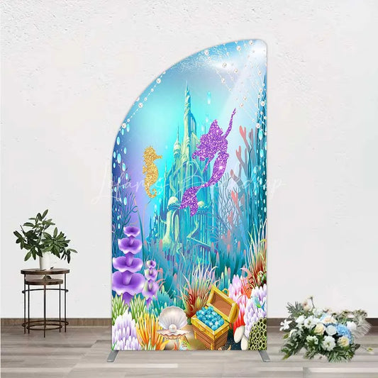 Lofaris Glitter Mermaid and Underwater Castle Half Moon Arch Backdrop Sea Shells Treasure Party Decoration