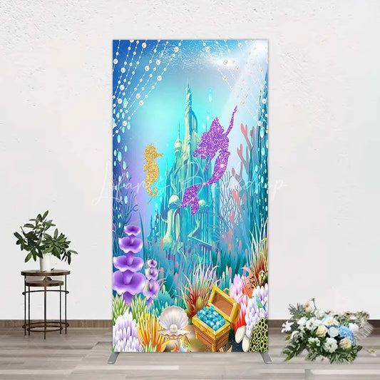 Lofaris Glitter Mermaid and Underwater Castle Rectangle Backdrop Sea Shells Treasure Party Decoration