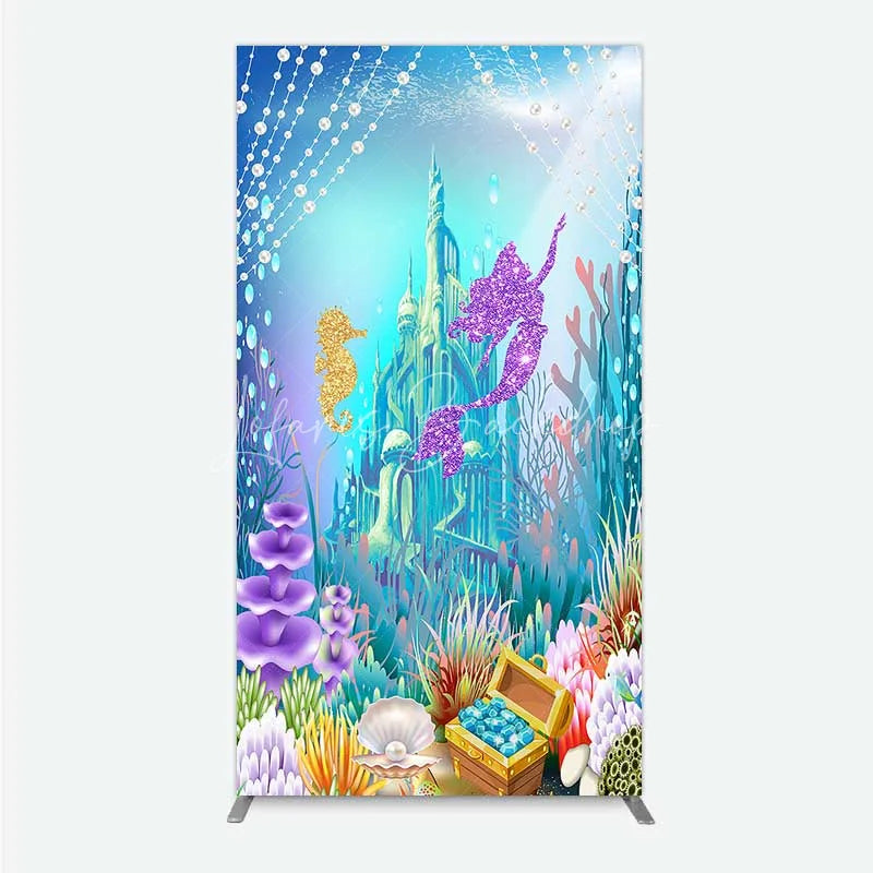 Lofaris Glitter Mermaid and Underwater Castle Rectangle Backdrop Sea Shells Treasure Party Decoration