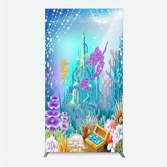Lofaris Glitter Mermaid and Underwater Castle Rectangle Backdrop Sea Shells Treasure Party Decoration