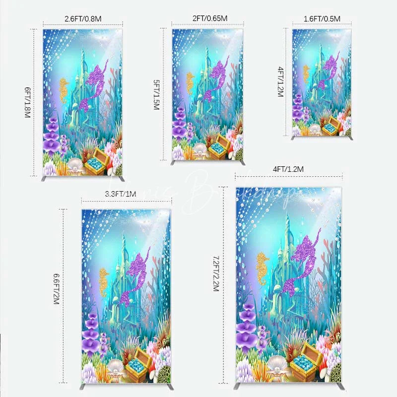 Lofaris Glitter Mermaid and Underwater Castle Rectangle Backdrop Sea Shells Treasure Party Decoration