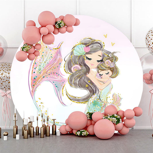 Lofaris Glitter Mermaid Cartoon Sweet Family Round Backdrop
