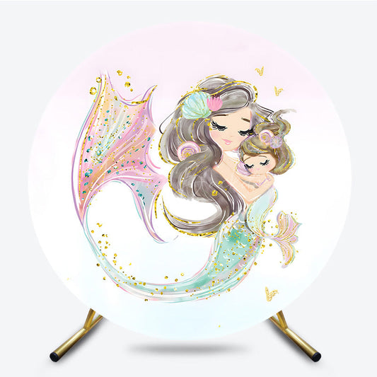 Lofaris Glitter Mermaid Cartoon Sweet Family Round Backdrop