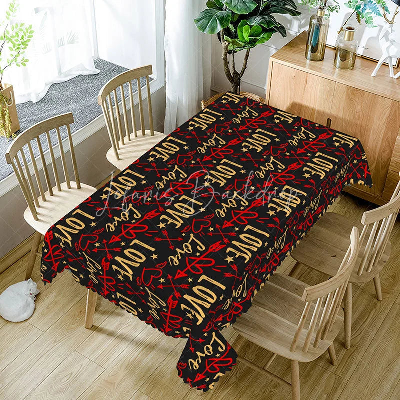 Lofaris Gold and Red Love Arrow Rectangle Tablecloth Black Background Graffiti Style Edgy Valentine Party Decor