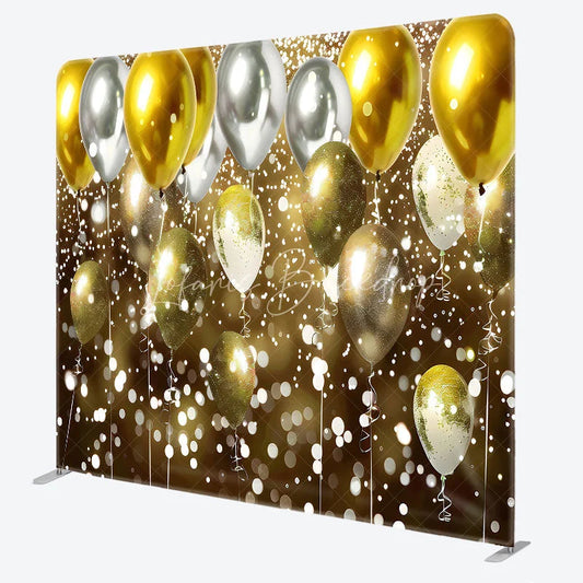 Lofaris Gold and Silver Balloons Double-Sided Tension Fabric Backdrop Bokeh Lights for Birthday New Year’s Eve Party