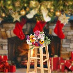 Lofaris Gold Bauble Red Socks Fireplace Gift Xmas Backdrop
