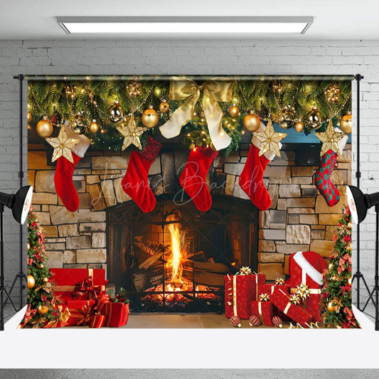 Lofaris Gold Bauble Red Socks Fireplace Gift Xmas Backdrop