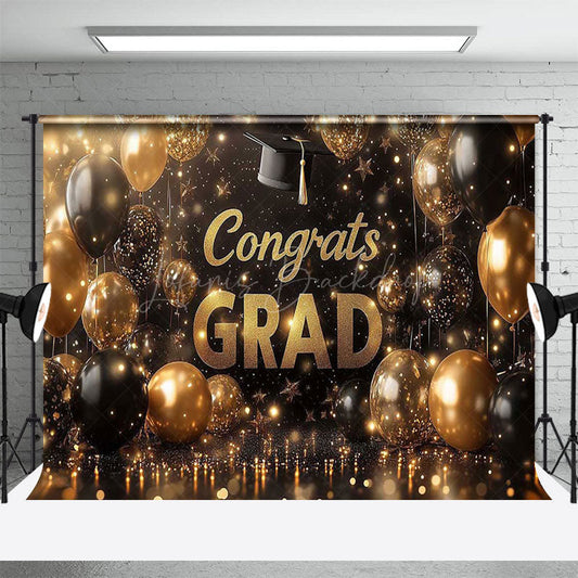 Lofaris Gold Black Balloons Bokeh Congrats Grad Backdrop