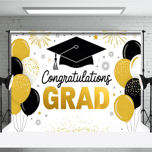 Lofaris Gold Black Balloons White Congrats Grad Backdrop