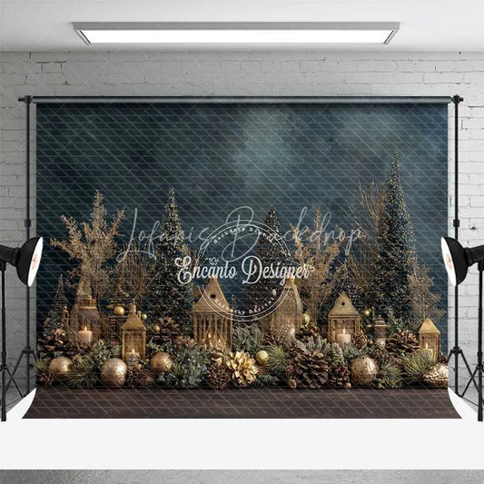 Lofaris Gold Christmas Village Backdrop Lantern House Bottle Brush Tree Photography Background