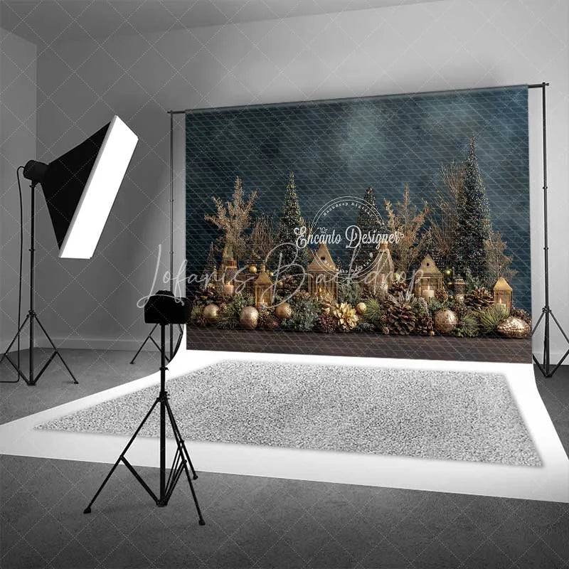 Lofaris Gold Christmas Village Backdrop Lantern House Bottle Brush Tree Photography Background