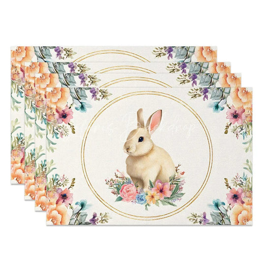 Lofaris Gold Circle Easter Bunny Set of 4 Placemats Orange Pink Floral Rabbit Table Mats for Spring