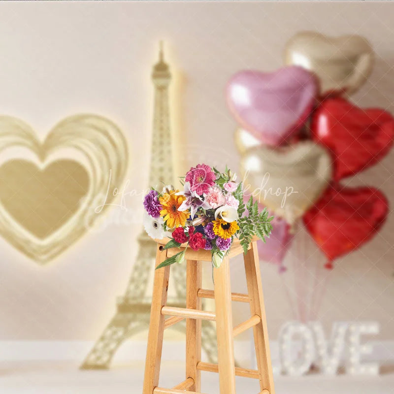 Lofaris Gold Eiffel Tower Valentine Day Backdrop Wire Heart LOVE Letters Balloons Background Romantic Paris Photography