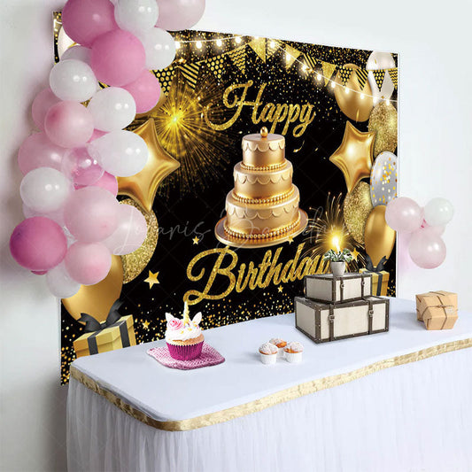 Lofaris Gold Flag Balloons With Cake Happy Birthday Backdrop