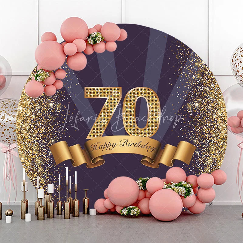Lofaris Gold Glitter 70th Birthday Round Backdrop Purple and Ribbon Happy Milestone Party Decoration