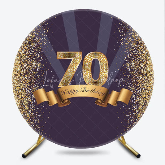 Lofaris Gold Glitter 70th Birthday Round Backdrop Purple and Ribbon Happy Milestone Party Decoration
