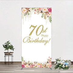 Lofaris Gold Glitter 70th Happy Birthday Rectangle Arch Backdrop Elegant Pink Floral Peonies Celebration Decor