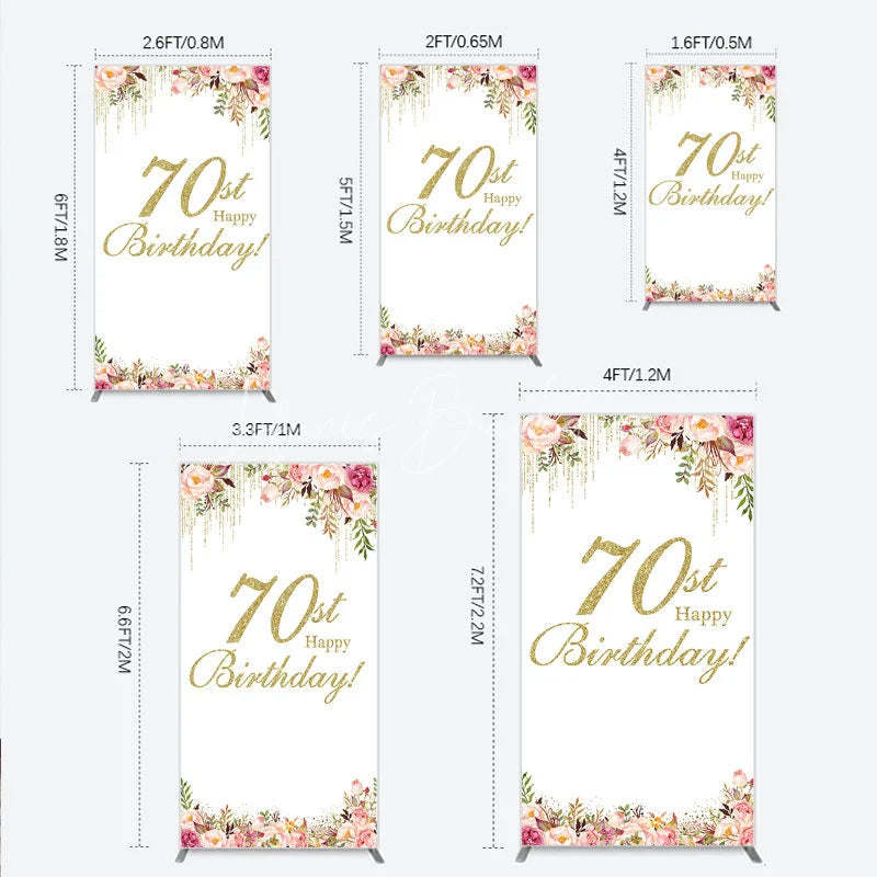 Lofaris Gold Glitter 70th Happy Birthday Rectangle Arch Backdrop Elegant Pink Floral Peonies Celebration Decor